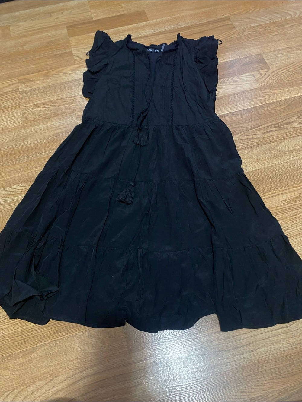 Love Token Black Tiered Tassel-Detail Midi Dress
